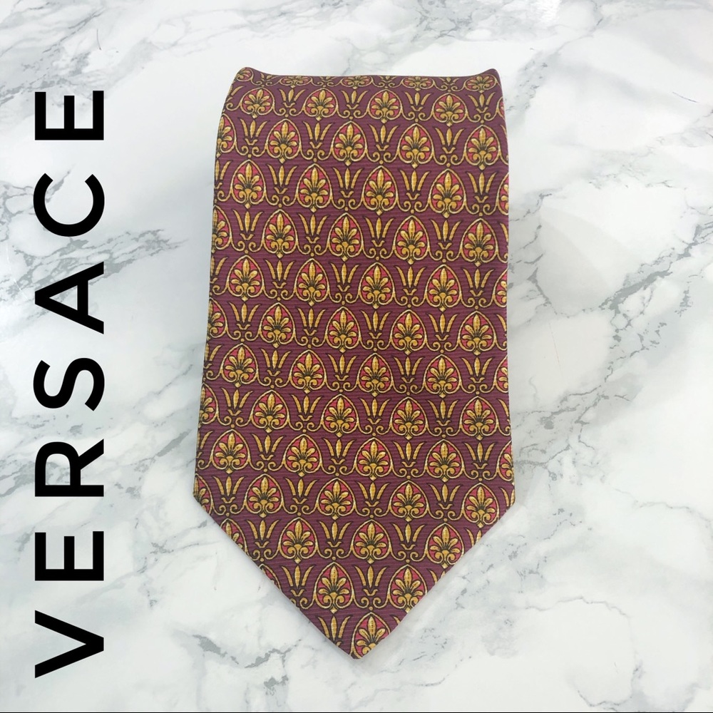 Versace Baroque Red Gold Floral Silk Tie EUC